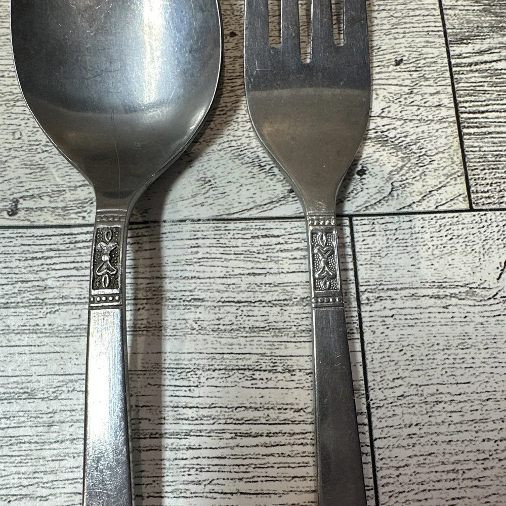 NvisionCraft Stainless Steel Fork & Spoon Floral Handle Silver Glossy Vintage